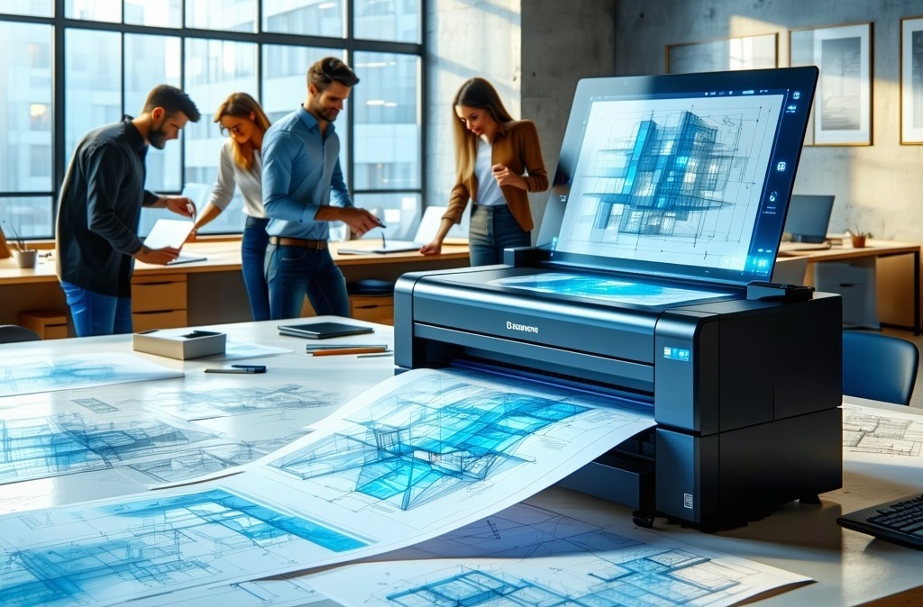 modern architectural office bustling with activity In the foreground a sleek hightech blueprint printer stands its screen illuminated with vibrant digital designs Surrounding the printer are largeformat blueprints spread out on a-1
